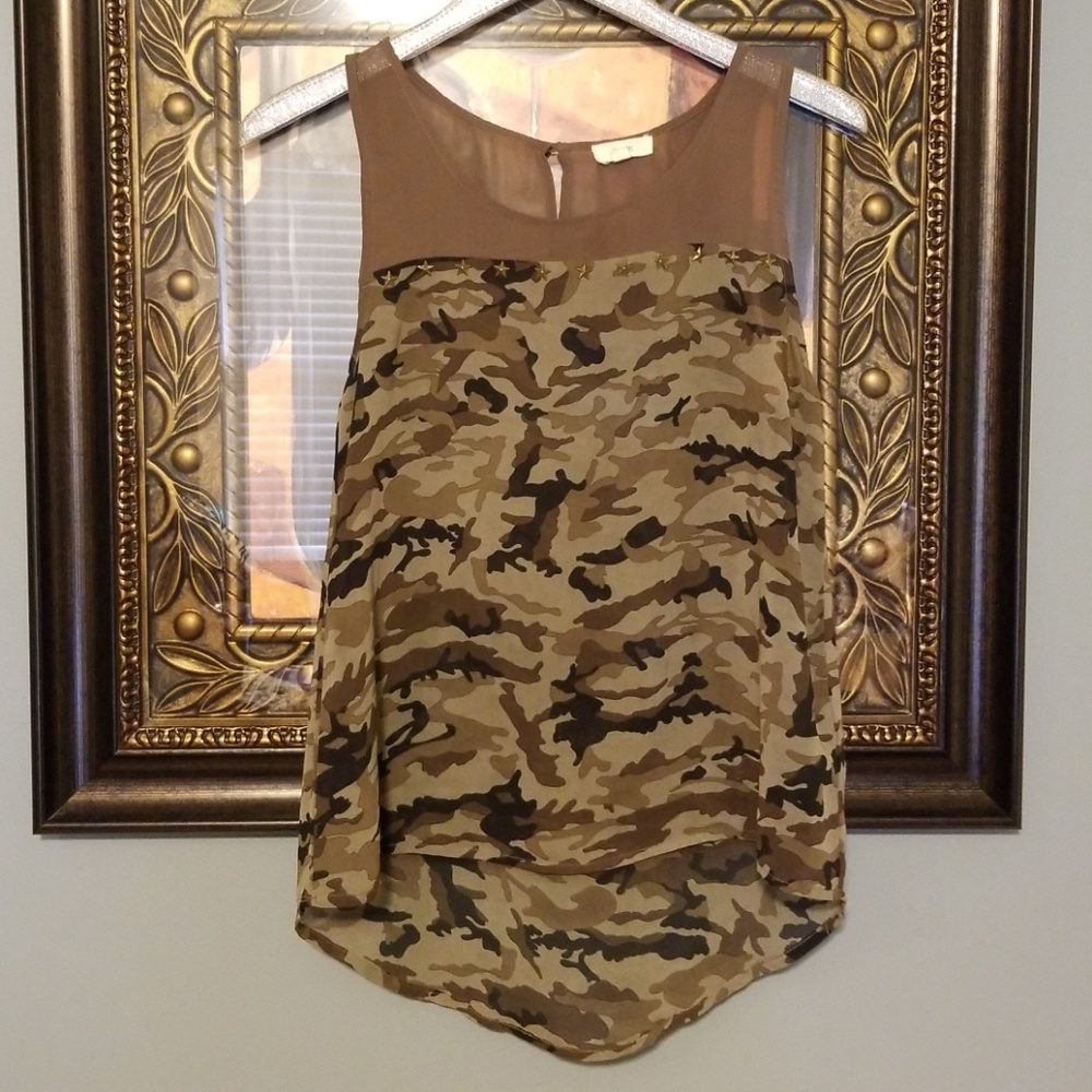 E M camo sheer tank top gold star studded T122:4:4